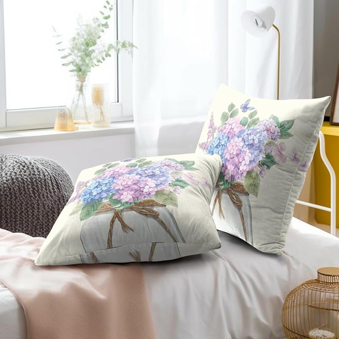 Hydrangea Flower Throw Pillow Cover Set of 2 22x22 Inch Vintage Blue Purple Floral Jar Watercolor Decorative Couch Pillow Cushion Case for Outdoor Patio Living Room Bedroom Decor