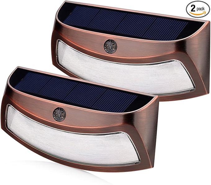 XTF2015 Solar Step Lights Outdoor, Motion Sensor Lights, Copper Outdoor Step Lights, Waterproof LED Solar Light for Stair, Patio, Yard, Fence, Walkways, Outside Wall (2 Pack, Warm White)