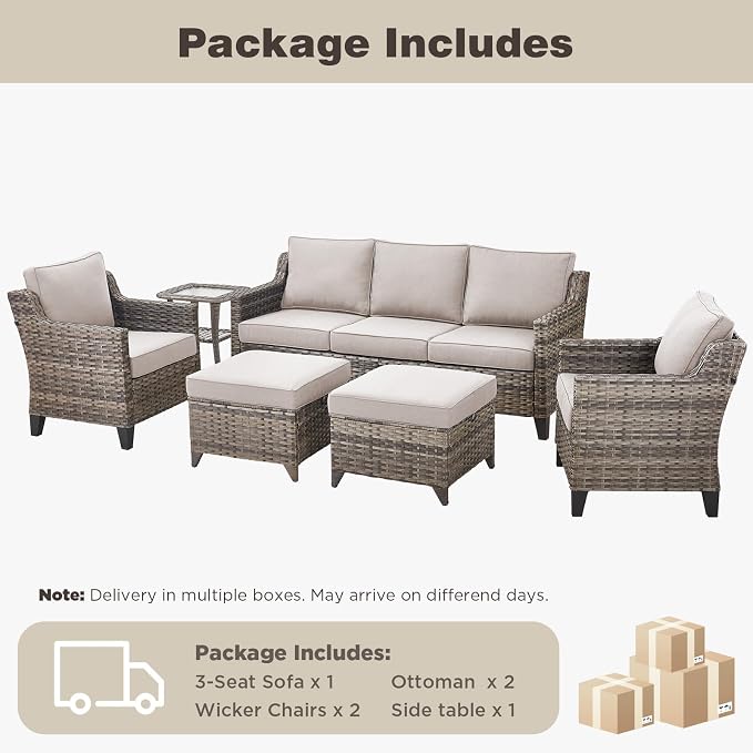 Belord Patio Chairs Set of 2 with 3-Seater Sofa, Outdoor Rattan Chairs for Deck Porch Garden, 6 Piece Luxury Patio Furniture Set, Beige