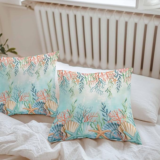 Throw Pillow Covers 20x20 Inch Set of 2, Ocean Starfish Seaweed Waterproof Outdoor Pillow Covers, Summer Coastal Beach Shell Coral Teal Decorative Cushion Pillowcases for Couch, Sofa, Bed, Patio