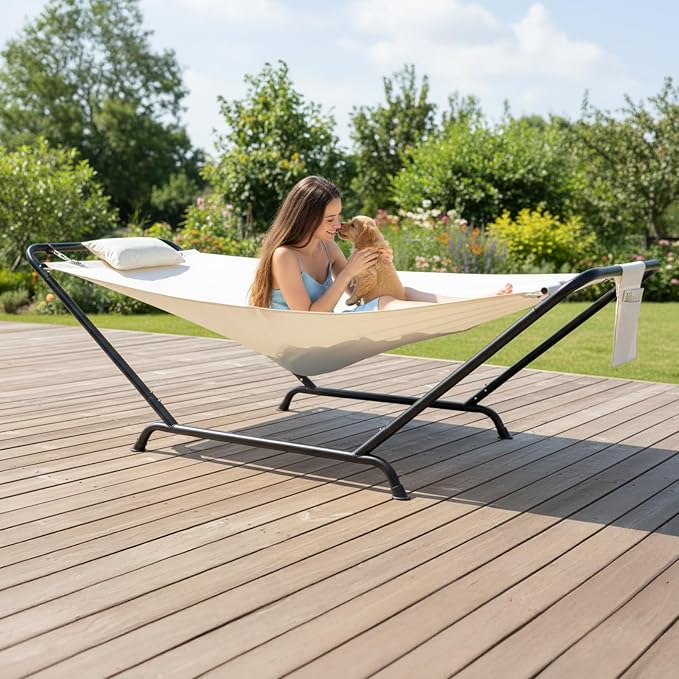 Freestanding Hammock with Stand 600 lbs Heavy Duty Outdoor Hammock Bed Double‑Layer Oxford Fabric with Soft Pillow and Storage Bag Tool‑Free Assembly Beige