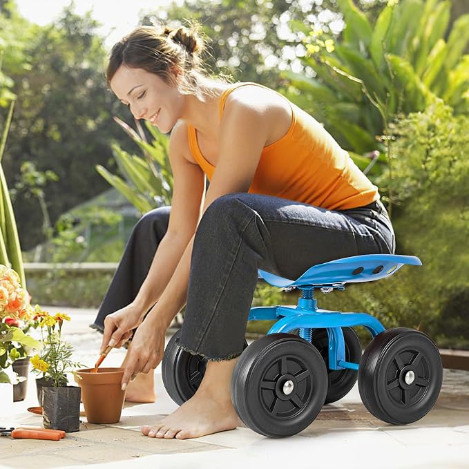 Garden Cart with Seat, Heavy-Duty Rolling Outdoor Wagon Scooter w/Height Adjustable & 360° Swivel Seat, Gardening Work Seat Stool, Patio Scooter on Wheels for Lawn Yard Planting (Blue)