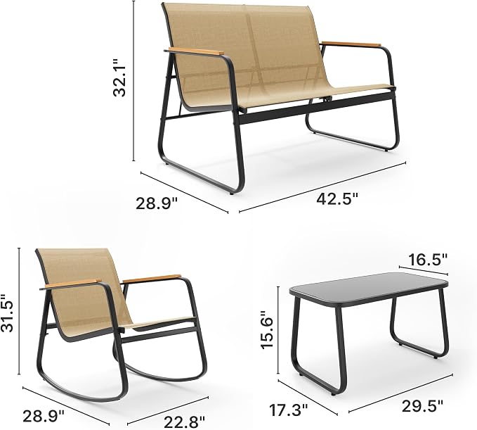 Ahomly Outdoor Patio Furniture Set 4 Pieces, Conversation Textilene Fabric Chairs with Coffee Table Rocking Chairs Bistro Set for Backyard, Poolside, Porch (Brown)