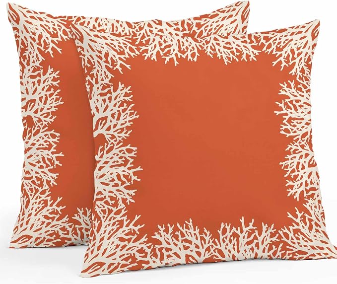 Vandarllin Outdoor Throw Pillows Covers 20x20 inch Set of 2 Waterproof Orange Coral Decorative Zippered Cushion Covers for Patio Furniture, Coastal Marine Life Lumbar Pillowcases