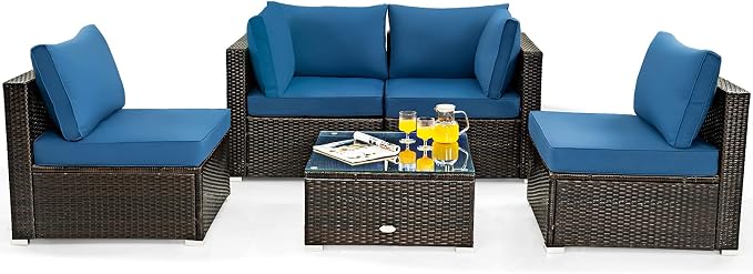 Tangkula 5 Pieces Patio Furniture Set, All Weather Wicker L-Shaped Corner Sofa Set w/Soft Cushions, Outdoor Sectional Conversation Couch Set w/Glass Table for Backyard Garden Poolside (Navy Blue)