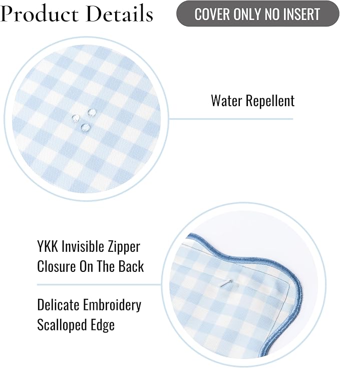 Hofdeco Premium Coastal Hampton Scalloped Patio Indoor Outdoor Throw Pillow Cover Only, 20"x20" Water Repellent for Backyard, Couch, Poolside, Baby Blue Print Gingham