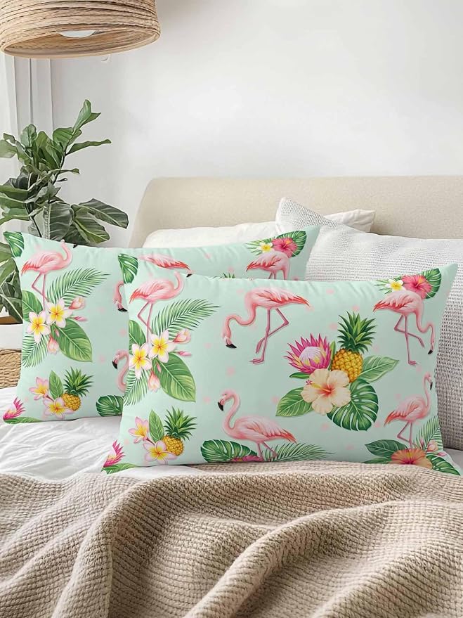 Outdoor Waterproof Throw Pillows 12x20in, Summer Flamingos Tropical Leaf Patio Pillows Pack of 1, Decorative Pillow Covers with Insert, Pillow Cushion Case for Garden Couch Sofa Pink Flower Pineapple