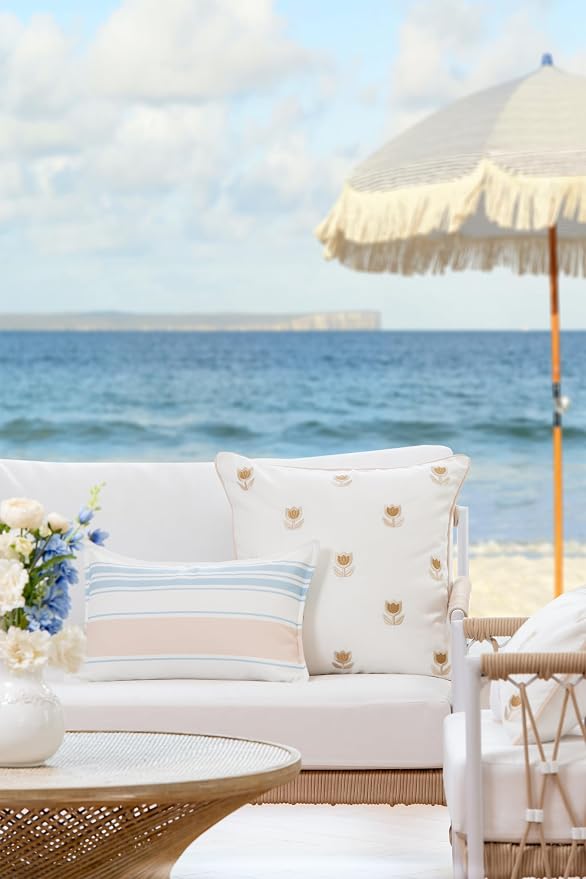 Hofdeco Premium Coastal Patio Indoor Outdoor Throw Pillow Cover Only, 20”x20” Water Repellent for Backyard, Couch, Tan Embroidered Tulips Floral with Piping (Pack of 2)