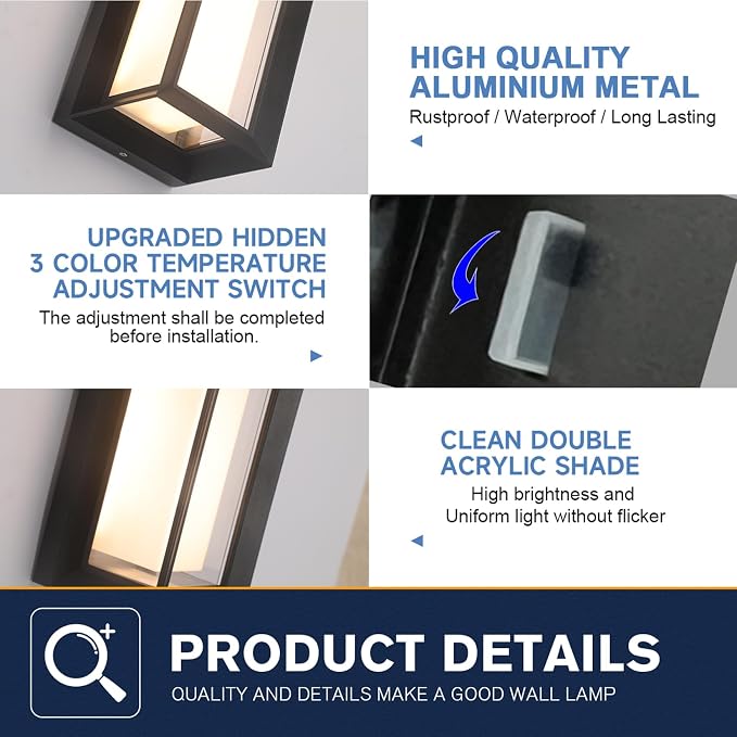 Outdoor Wall Lights Exterior/Interior LED 24W Adjustable 3-Color 2100LM IP65 Sconces Lights Waterproof Modern Outdoor Porch Lighting Fixtures Aluminum Wall Lights Compatible with Dimmers
