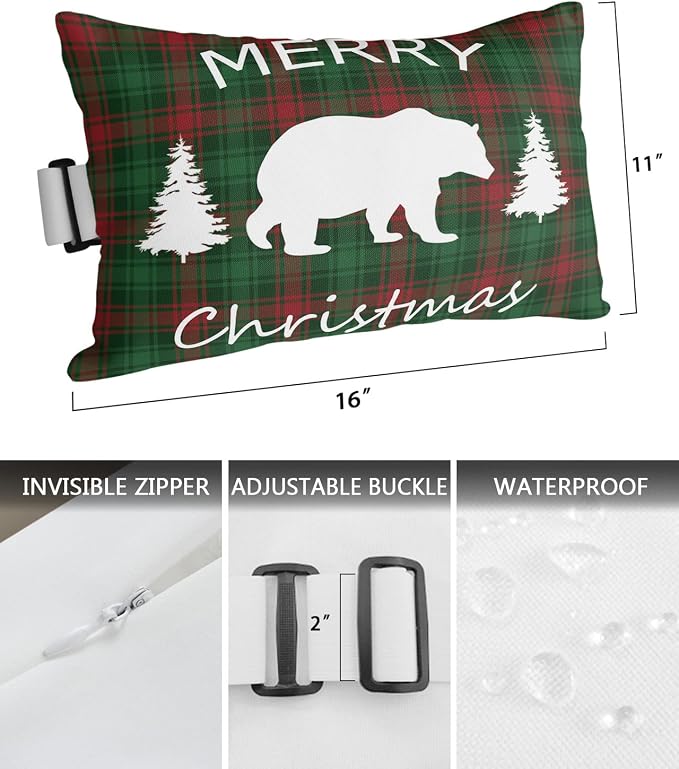 Outdoor Pillows Covers with Inserts Merry Christmas Bear and Tree Red Green Buffalo Plaid Waterproof Pillow with Adjustable Strap Throw Pillows for Patio Furniture Recliner Lounge Chair, 11"x16", 2PCS