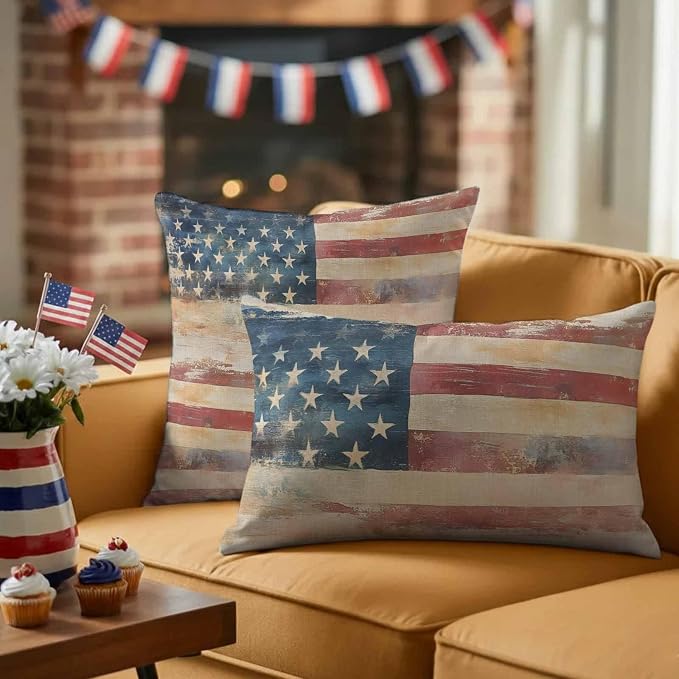Independence Day Outdoor Pillow Covers 26"x26" Set of 2, Retro Country USA Flag Memorial Day Waterproof Throw Pillow Covers for Patio Furniture, Decorative Cushion Covers for Porch