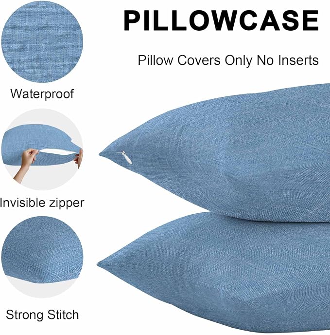 Pack of 2 Waterproof Outdoor Pillow Covers 16x16 Inch Decorative Pillow Covers Blue Burlap Texture Throw Pillowcases Farmhouse Vintage Blue Outdoor Cushion Cover for Couch, Patio, Tent