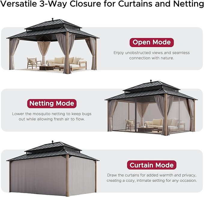 SUNJOY Kingston 16' x 12' Hardtop Wood Gazebo with Galvanized Steel Double Roof, Curtain and Netting, Cedar Posts Permanent Pavilion Gazebo for Garden, Patio, Deck, Lawn
