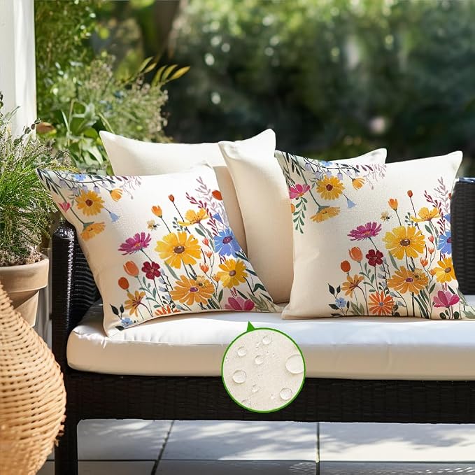 RABUSOFA Spring Summer Pillow Covers Waterproof 18x18 Inch Yellow Outdoor Decor Decorative Pillows for Couch Yellow Flower Daisy Floral Farmhouse Pillowcase for Patio Balcony Sofa Set of 2