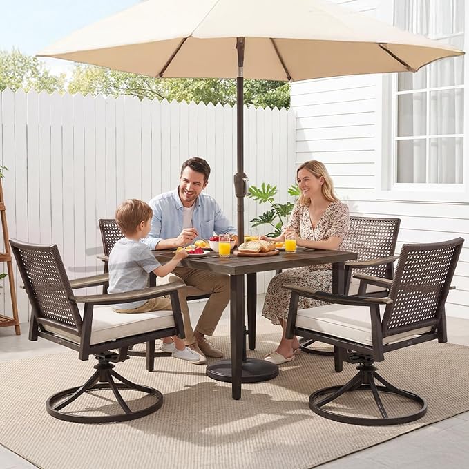 NATURAL EXPRESSIONS Outdoor Dining Set,Patio Table and Chairs Set with 4 Rattan Wicker Swivel Chairs,5 Piece Patio Dining Set for 4,36.6" Woodgrain Table with 1.65" Umbrella Hole,Patio Sets for Yard