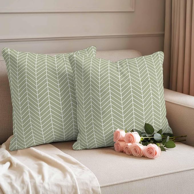 Outdoor Waterproof Throw Pillow Covers Set of 2 Sage Green Chevron Stripes Pillowcases 18x18 Inches Modern Geometric Texture Decorative Pillows Cushion Case Patio Pillows for Couch Bed Chair Garden