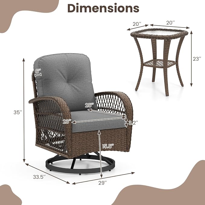HAPPYGRILL 3 Pieces Outdoor Rattan Swivel Rocker Chairs Set with Tempered Glass Side Table, Outside Sectional Patio Conversation Furniture Set with Swivel Rocking Chairs for Deck Porch Garden (Grey)
