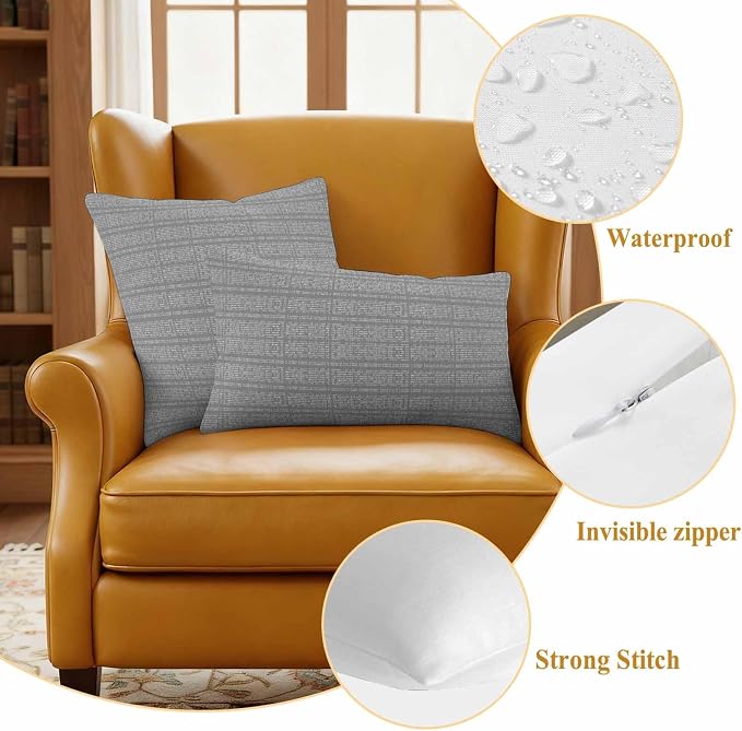Outdoor Waterproof Throw Pillow Covers Set of 2 Stripes Grain Lumbar Pillowcases 20x12 Inches Grey Solid Color Decorative Pillows Cushion Case Patio Pillows for Couch Bed Chair Garden