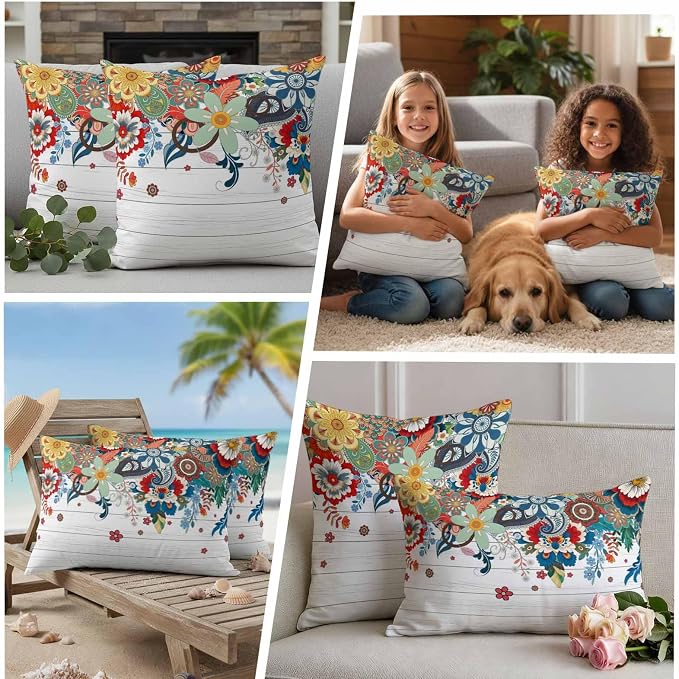 Boho Flowers Waterproof Outdoor Pillow Covers Set of 2 Home Decor, Bohemian Abstract Floral Vintage Wood Plank Pillowcase Patio Pillow Covers for Couch Bench Furniture Garden 20x12in