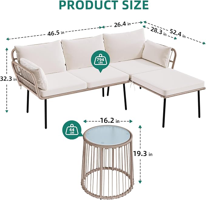YITAHOME 3 Piece Patio Furniture Set Wicker Patio Sectional with Detachable Cushions and Coffee Table Outdoor Furniture Set L-Shaped Sectional Conversation Sofa Set for Backyard Porch Balcony - Beige