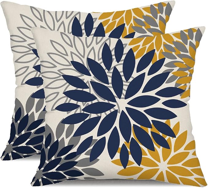 DFXSZ Outdoor Waterproof Pillow Covers 20x20 Set of 2 Blue Yellow Flower | Spring Summer Waterproof Flower Throw Pillowcases（No Inserts）Outdoor Decor for Patio Funiture Garden Polyester Covers