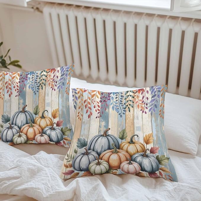 Orange Pumpkins Outdoor Waterproof Pillow Covers, Eucalyptus Leaves Wood Grain Country Rustic Decorative Square Throw Pillowcase Sofa Cushion Sham for Patio/Couch/Chair, 18"x18" 2 Pack