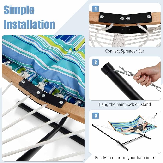 GYMAX Hammock, Portable Hammocks with Spreader Bars & Detachable Pillow, Quick Dry Adjustable Folding Camping Hammock for Outdoor Patio Beach Picnic Poolside