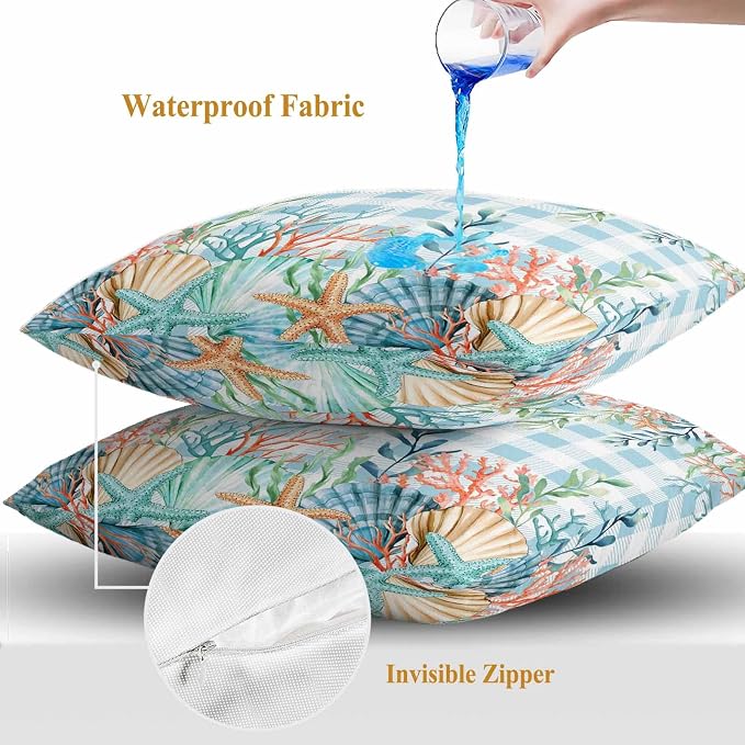 Throw Pillow Covers 20x20 Inch Set of 2, Nautical Coastal Waterproof Outdoor Pillow Covers, Summer Beach Shell Coral Seaweed Blue Plaid Decorative Cushion Pillowcases for Couch, Sofa, Bed, Patio