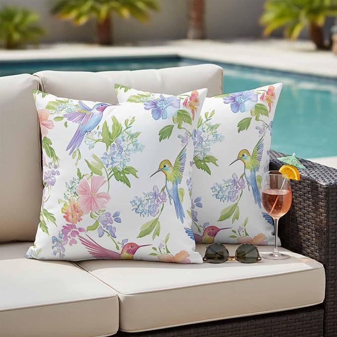 Spring Hummingbird Outdoor Waterproof Throw Pillow Covers Set of 2, 18"x18", Colorful Birds Floral Decorative Pillow Covers Outside Cushion Case for Patio Porch Garden
