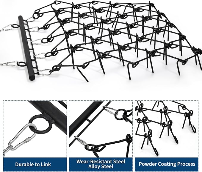 Garvee 4x4 ft Drag Harrow Leveling Grading Steel Mesh, 1/2 Thick Harrow Tines, Tow Behind Agricultural-Style Drag for ATV, UTVs,Lawn Tractors Leveling& Grading, Black
