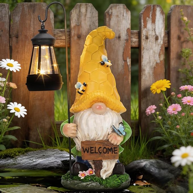 Solar Garden Gnome Statue with Lantern - Hand-Painted Resin Gnome Decor, IP44 Waterproof Outdoor Figurine for Yard Patio Porch, for Mom Women Housewarming Christmas
