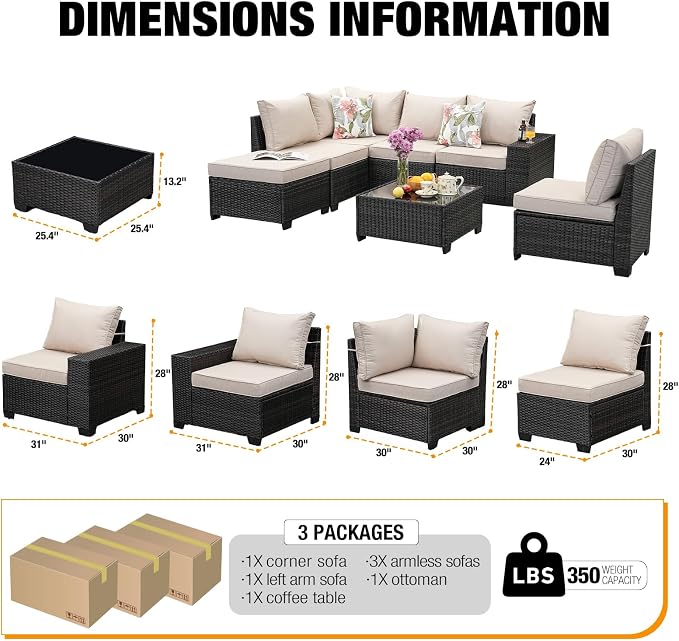 7-Piece Outdoor Patio Furniture Set, Modular Wicker Sectional Sofa with Thick Cushions & Coffee Table, All-Weather Rattan Conversation Set for Backyard, Porch, Poolside, Beige