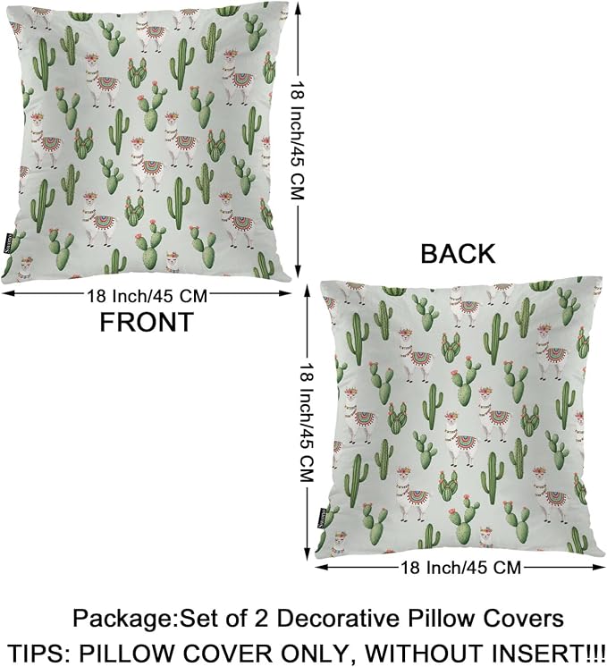 Swono Set of 2 Decorative Throw Pillow Covers Llama, Cute Alpaca Llama Cactus Flowers Farmhouse Pillowcases Accent Pillow Cushion Cover for Couch Sofa Bed Office Armchair 18 X 18 Inch