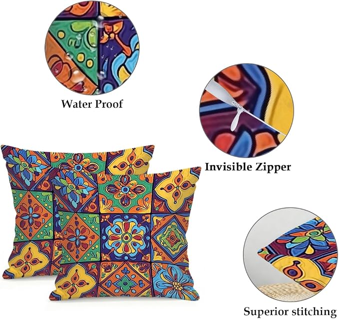20x20 Inch Outdoor Pillow Covers Set of 2 Waterproof Throw Pillow Covers Decorative Couch Cushion Covers Mexican Floral Checkered Square Pillowcases Protectors for Patio Garden Sofa