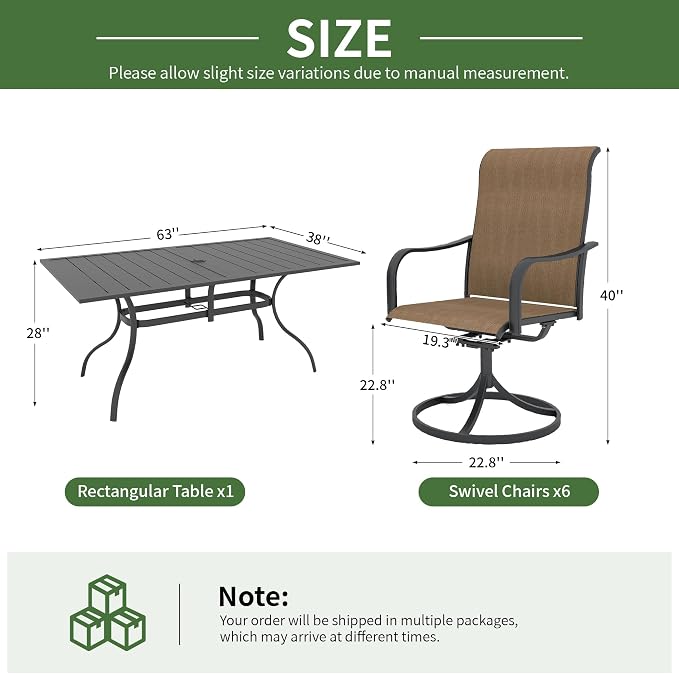 Anmutig 7 Pieces Outdoor Patio Dining Set for 6 Patio Dining Swivel Chairs Textilene & 1 Rectangle Outdoor Dining Table with 1.57" Umbrella Hole for Backyard Bistro Outdoor Furniture Brown