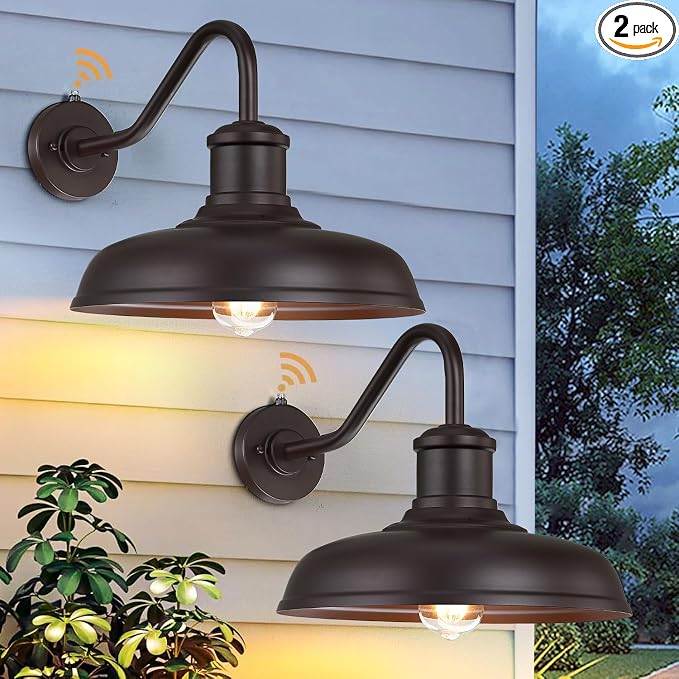 13.8'' Large Dusk to Dawn Outdoor Gooseneck Barn Light, 2 Packs | Outdoor Wall Sconce Farmhouse Exterior Lighting Fixture Industrial Lantern for House, Porch, Entryway, Garage, Brown