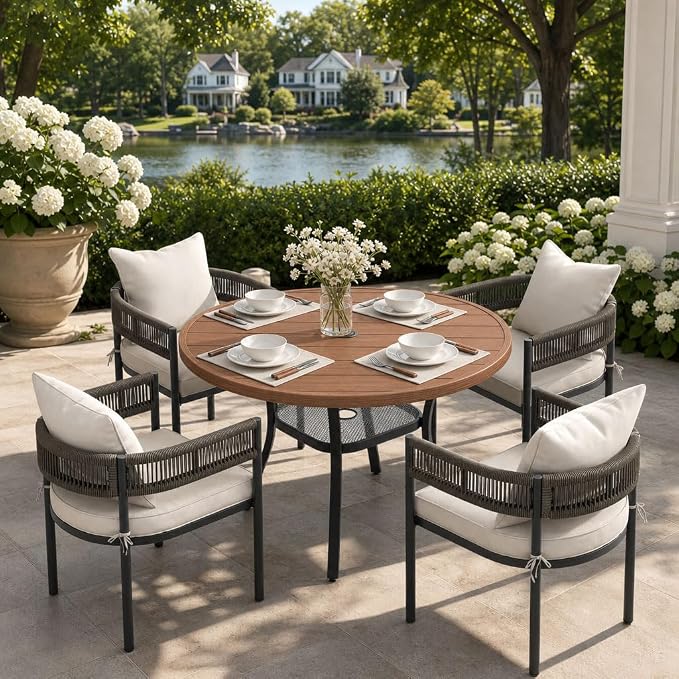 VICLLAX Patio Dining Set, 40.6" Walnut Table & 4 Chairs with Wheat Cushion | Outdoor Table and Chairs Set of Round Metal Patio Table, Outdoor Dining Chairs with Metal Frame, Garden Deck Porch