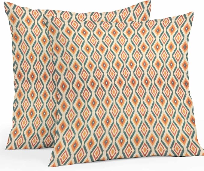 Throw Pillow Covers 18x18 Inch Set of 2, Orange Teal Geometric Waterproof Outdoor Pillow Covers, Southwest Ethnic Country Decorative Cushion Pillowcases for Couch, Sofa, Bed, Garden, Patio