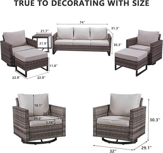 HUMMUH 6 Piece Patio Furniture Set Outdoor Sectional Sofa,PE Wicker Patio Swivel Rocker Chairs with Ottomans Side Table for Porch,Garden,Backyard