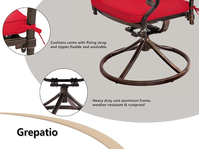 Grepatio 9 Piece Cast Aluminum Patio Furniture Set Outdoor Dining Set Bistro Furniture Set with 8 Swivel Chairs and Dining Table with Umbrella Hole, Cushions for Backyard Garden Poolside (Red)