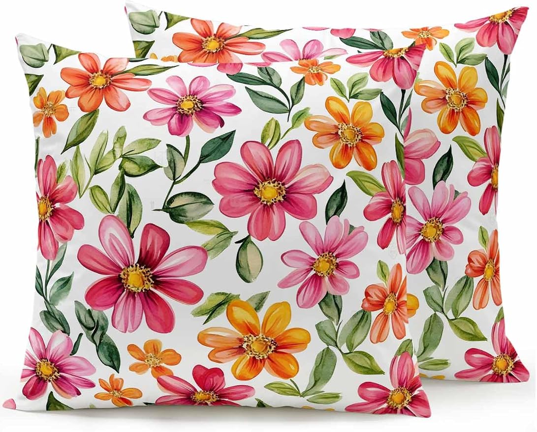 Outdoor Waterproof Throw Pillows Spring Watercolor Wild Flower Patio Pillows Pack of 2,Decorative Pillow Covers with Insert,Pillow Cushion Case for Garden Couch Sofa Country Small Pink Flower