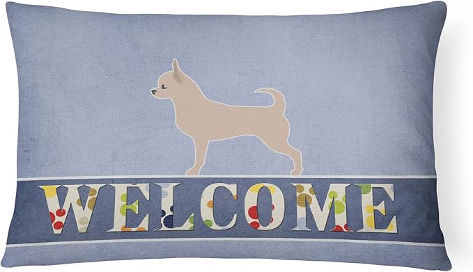 Caroline's Treasures BB5554PW1216 Chihuahua Welcome Canvas Fabric Decorative Pillow Machine Washable, Indoor Outdoor Decorative Pillow for Couch, Bed or Patio, 12HX16W