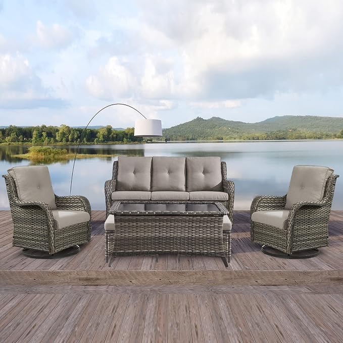 Rilyson Wicker Patio Furniture Set - 6 Piece Rattan Outdoor Sectional Conversation Sets with 2 Swivel Rocking Chairs,2 Ottomans,1 Sofa and 1 Coffee Table for Porch Deck Garden(Mixed Grey/Grey)
