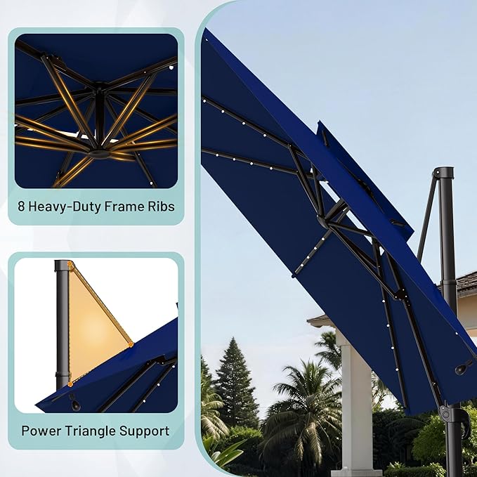 AreShark 10×10FT Solar LED Cantilever Umbrella with Base Included, Double-Top Outdoor Patio Offset with 360 Degree Rotation, Square Offset Hanging Umbrella for Garden Deck Pool, Navy