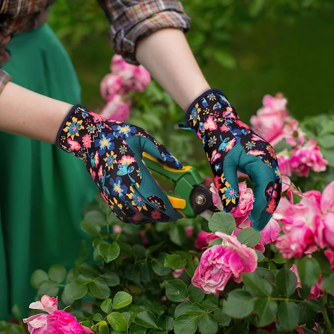 Bamllum Gardening Gloves for Women, Leather Garden Gloves | Breathable Garden Gloves with a Padded Palm, Flexible Fit and Elastic Wrist for Weeding, Digging, Planting and Pruning