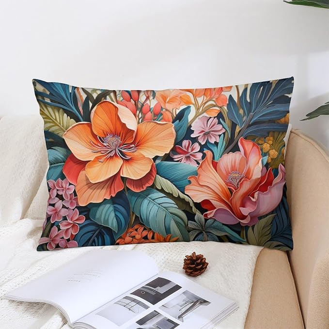 Tropical Flower Leaves Cushion Case 16 "x24 Hawaiian Flower Oblong Lumbar Throw Pillow Cover Zipper Pillowcase Outdoor Pillows for Patio Furniture Bedroom Decor Decoration