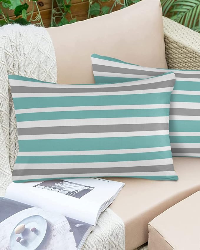 Outdoor Waterproof Lumbar Throw Pillow Covers Set of 2 Grey Teal Stripes Decorative Outdoor Pillows Cushion Case 20x12 Inch Classic Striped Patio Pillows for Couch Sofa Bed Garden Home Decor