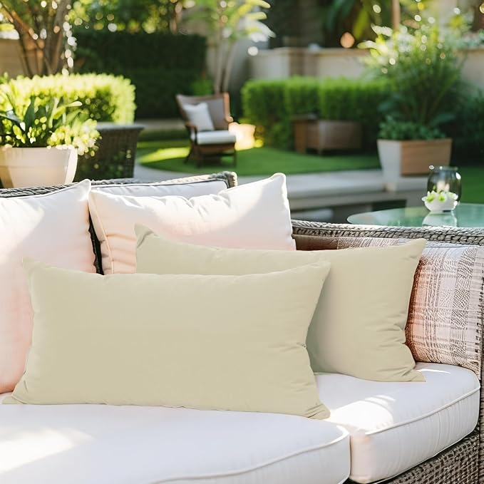 SK Studio Outdoor Water Resistant Throw Pillows, Decorative Patio Lumbar Cushions, Fluffy Furniture Garden Cushions for Home Patio Coach Sofa Use, Pack of 2, Ivory, 20x20 Inch