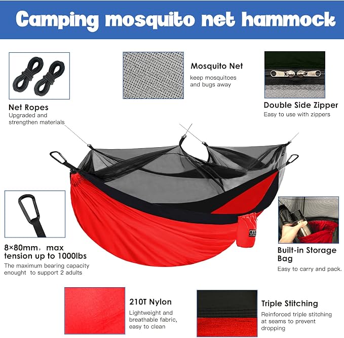 Gold Armour Camping Hammock - Camping Essentials, Double Hammock with Bug Net, Camping Gear Hammock for Outside, Hiking, and Travel (Red & Black)