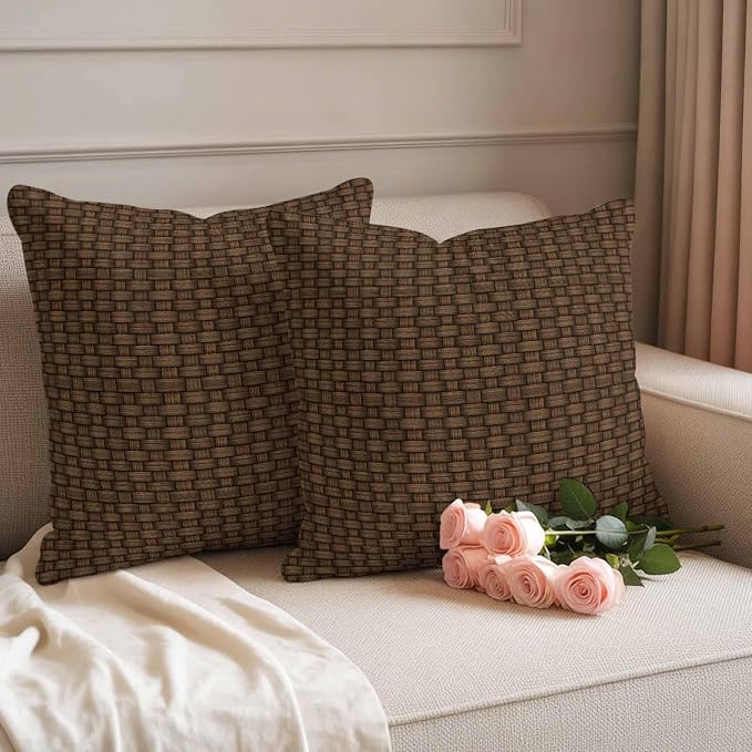 Outdoor Waterproof Throw Pillow Covers Set of 2 Brown Rattan Pillowcases 16x16 Inches Retro Striped Lines Decorative Pillows Cushion Case Patio Pillows for Couch Bed Chair Garden